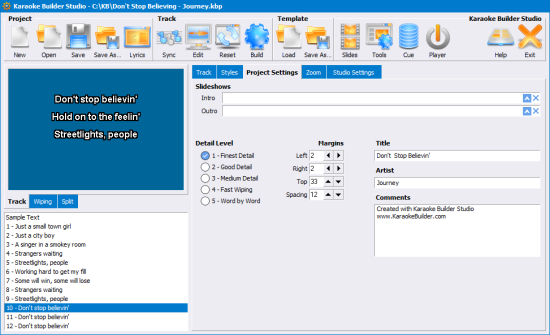 Settings for the whole track can be changed here. As with everything else, these options are fully explained in Karaoke Builder Studio's Help file.